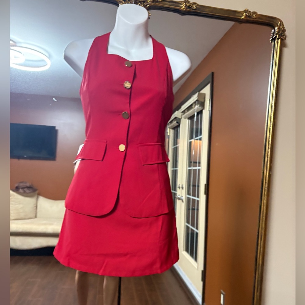 Red Sleeveless Button-Front Romper Dress